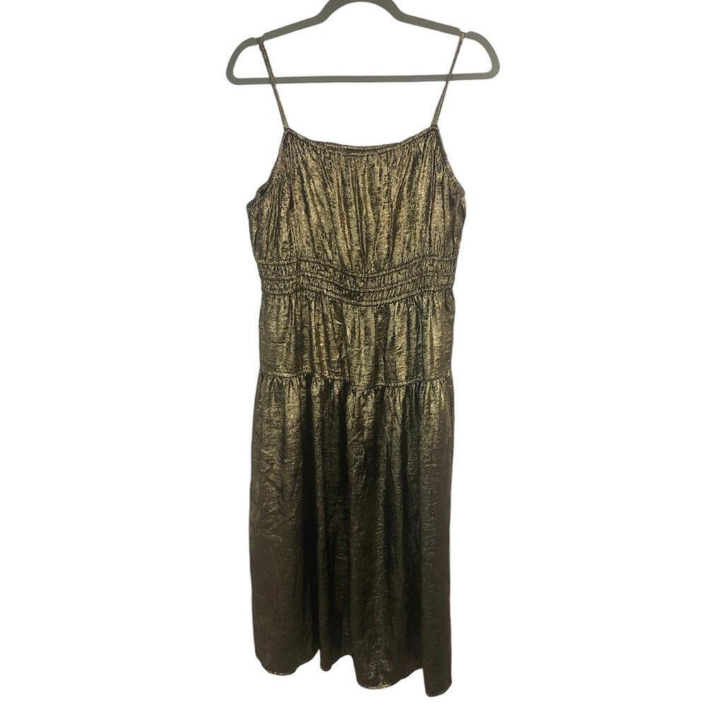 Old Navy Gold Metallic Spaghetti Adjustable Strap Dress Smocking Glitzy Sparkly